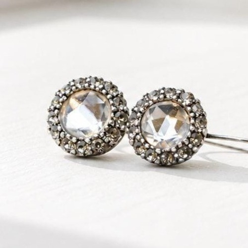 Vintage Rose Cut Crystal Halo Drop Earrings Antique-Look Silver Tone Round